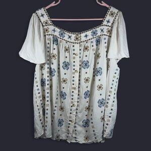 Torrid White Blouse with Blue and Brown Embroidery